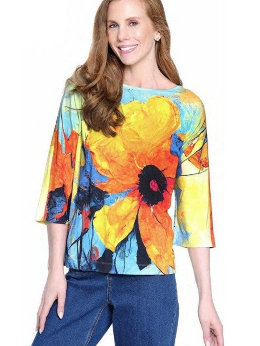 Ali Miles Top Small Floral Blue Orange Comfy Pullover Colorful